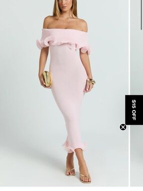 Off-Shoulder Ruffle Midi Dress in Light Pink